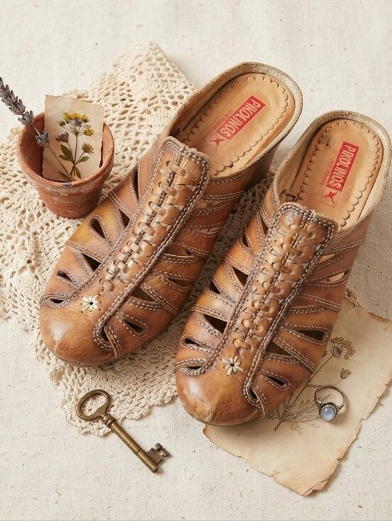 PIKOLINOS Shoes - Pikolinos Tan Brown Slip On Clog Kitten Heel Sandals